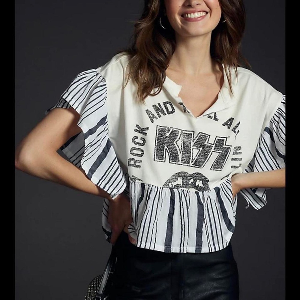 Pilcro Anthropologie KISS Rock and Roll All Nite Peplum Flutter Sleeve Top S